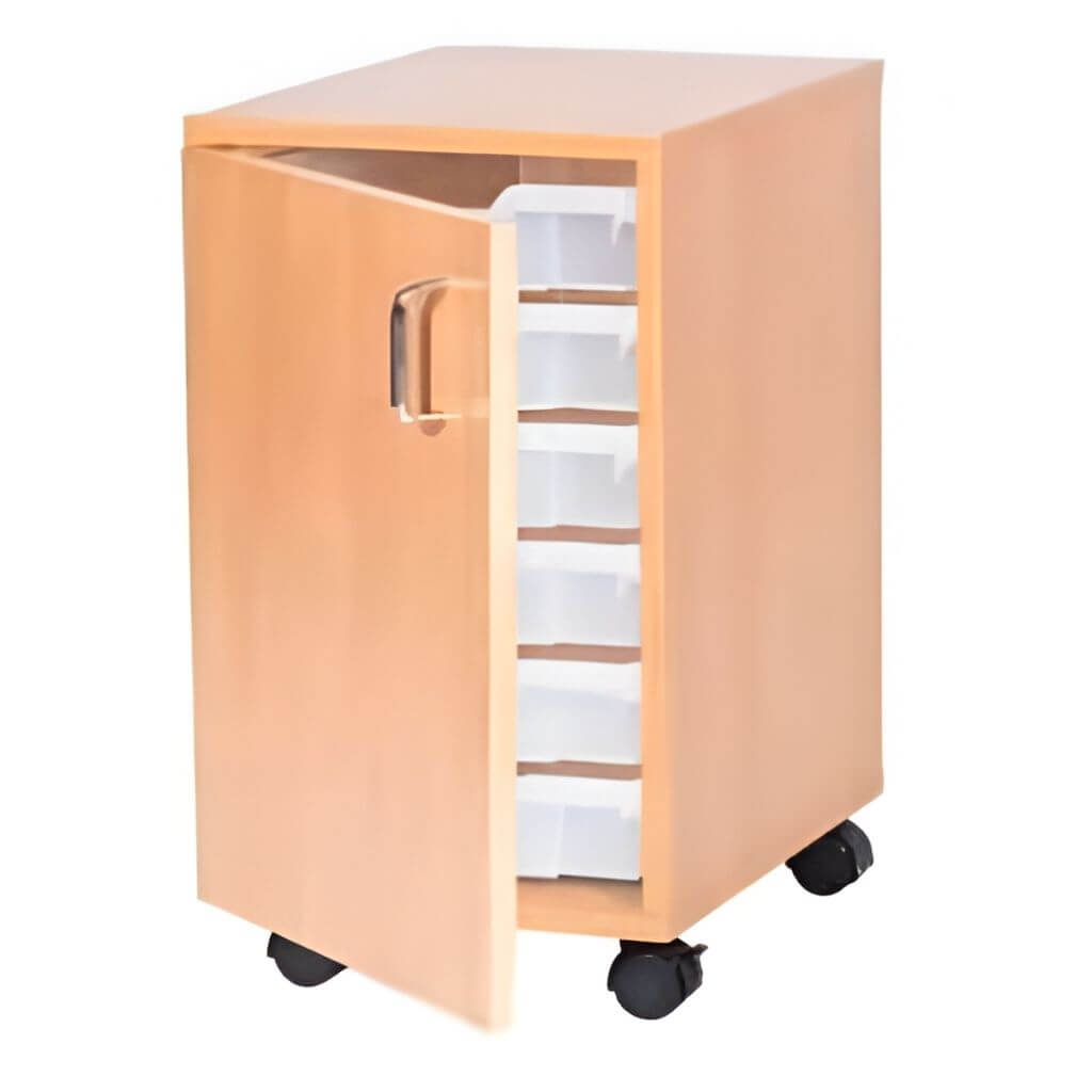 Tall Wood Mobile Tray Cabinet with White Storage Bins