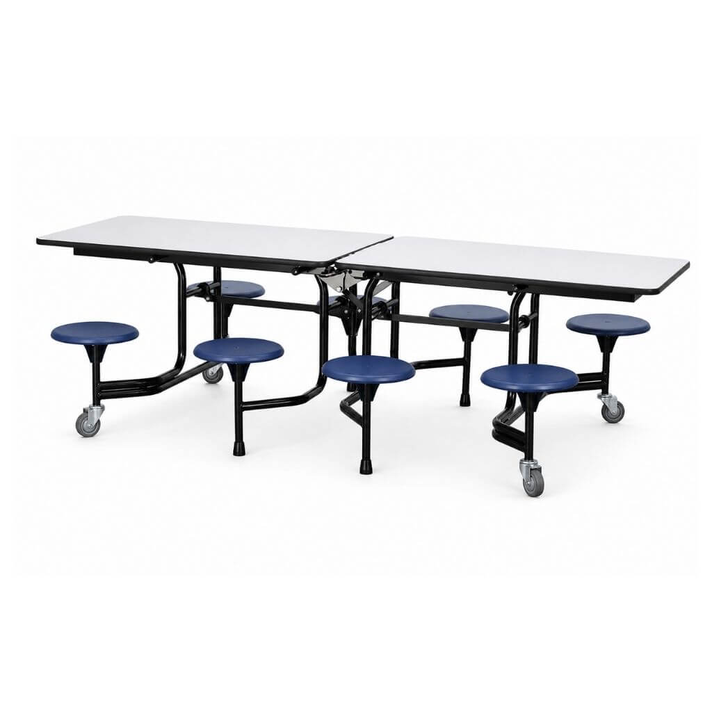 8-Seat Rolling Cafeteria Table with Attached Stools and Grey Wheels