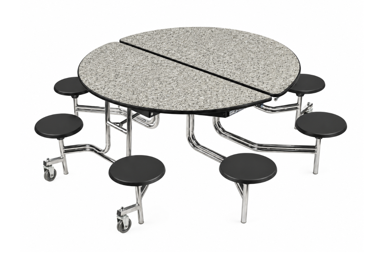 Round Cafeteria Table — 59" — 8 Stools — Grey Speckled Granite