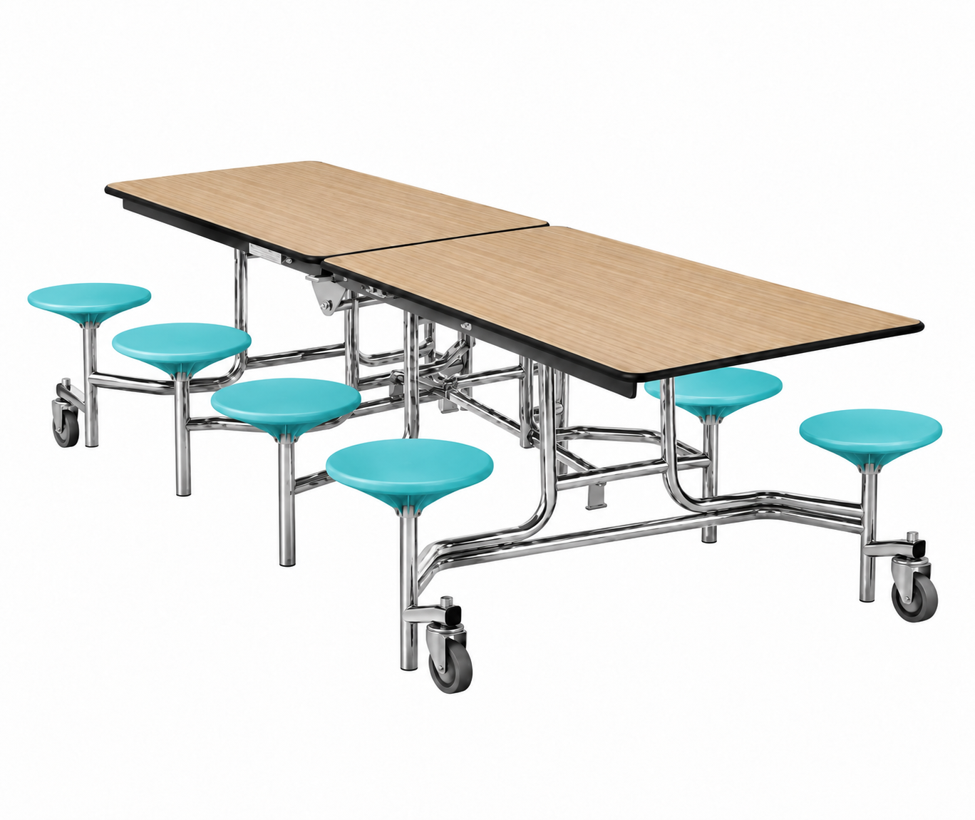 Mobile Cafeteria Table — 8 ft — 8 Stools — Light Oak Woodgrain / Aqua