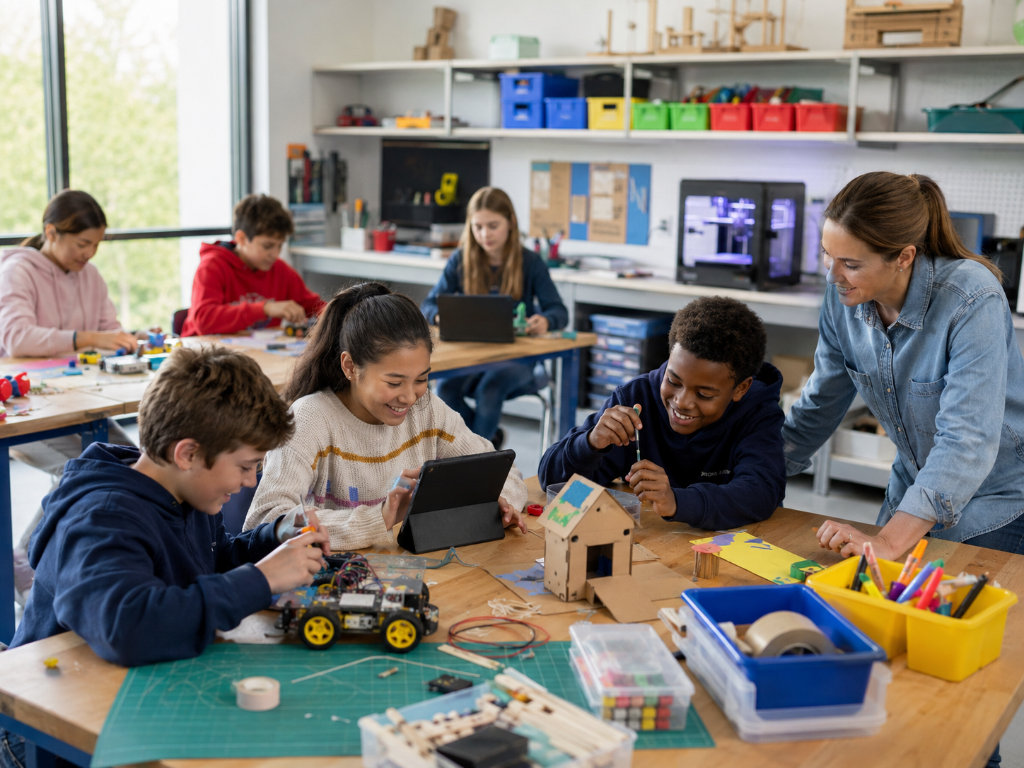 Makerspace classroom with students building and creating