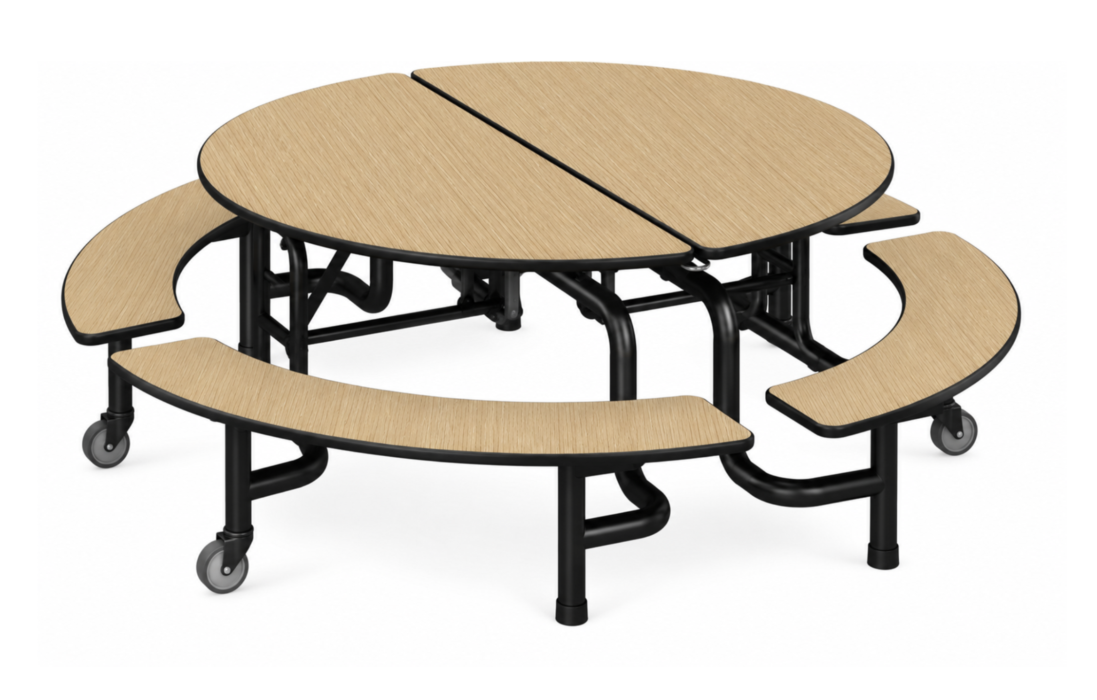 Round Folding Cafeteria Table — 59" with Curved Benches — Light Oak Woodgrain