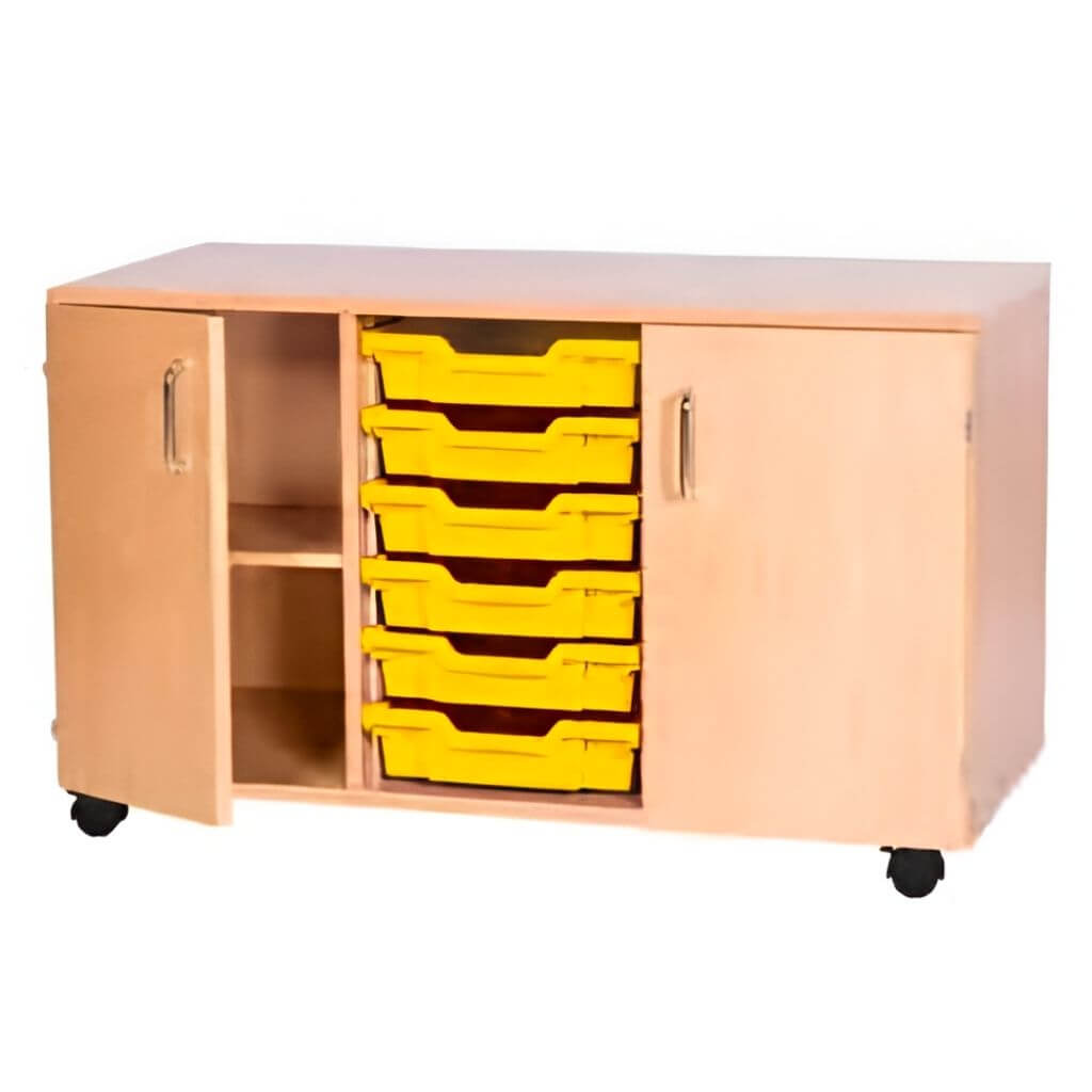 Wood Mobile Supply Cabinet with Yellow Trays and Side Shelves