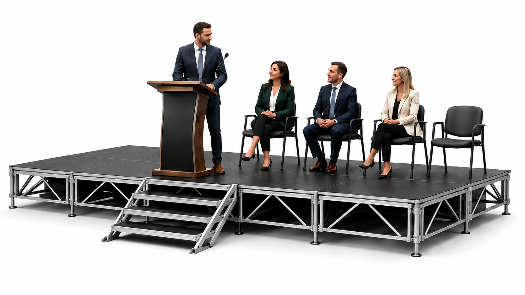 Modular portable stage with presenter and seated guests