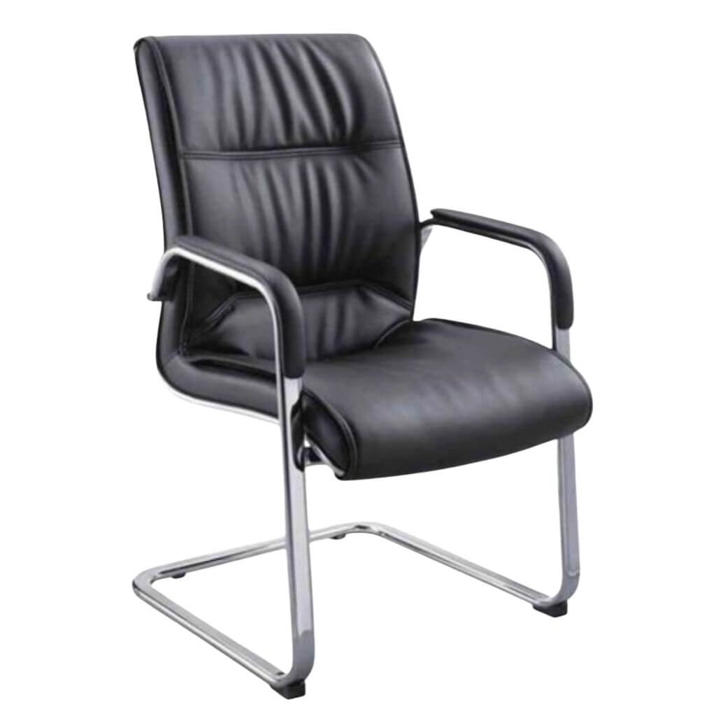 Black Ribbed Leather Visitor Chair with Chrome Arms