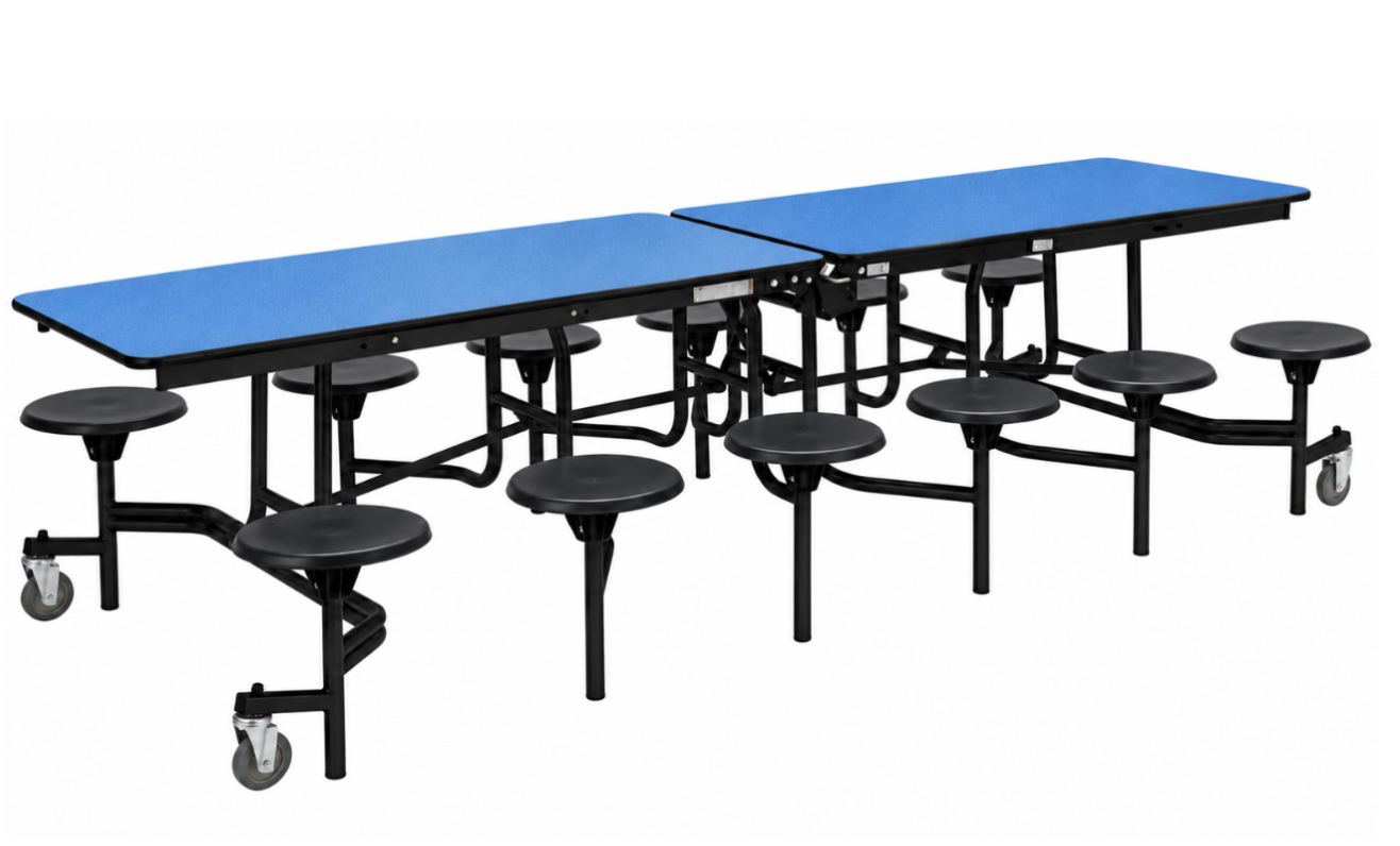 Mobile Cafeteria Table — 10 ft — 12 Stools — Royal Blue / Black