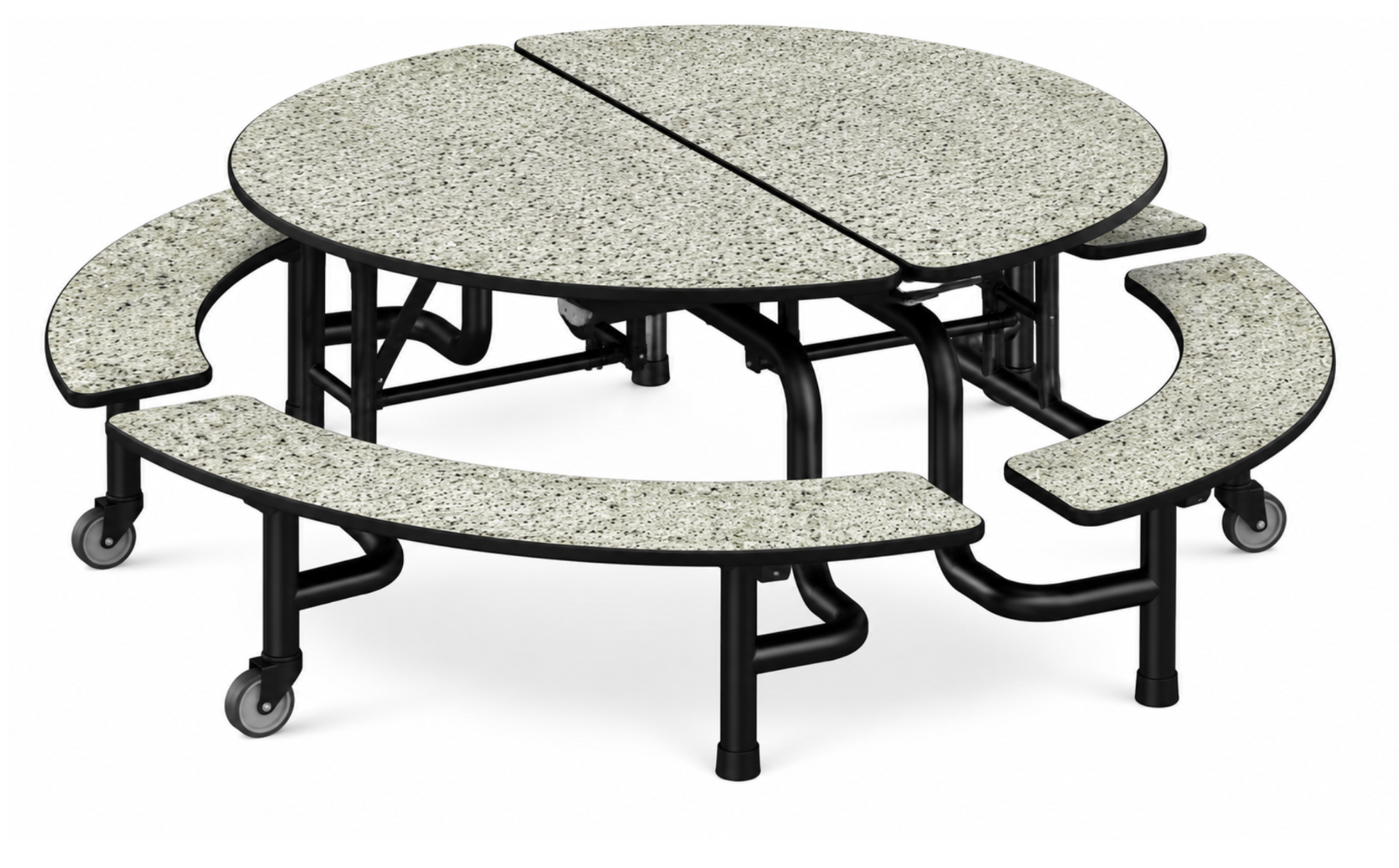 Round Folding Cafeteria Table — 59" with Curved Benches — Grey Speckled Granite