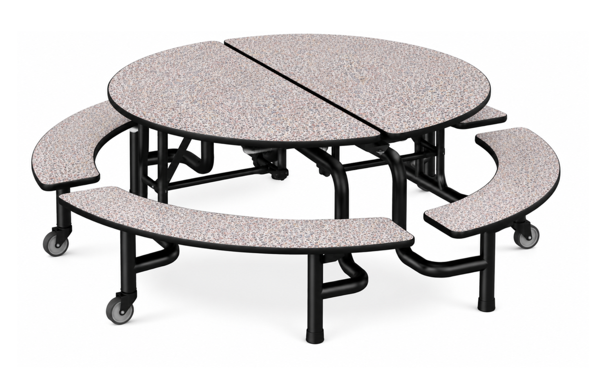 Round Folding Cafeteria Table — 59" with Curved Benches — Terrazzo Fleck