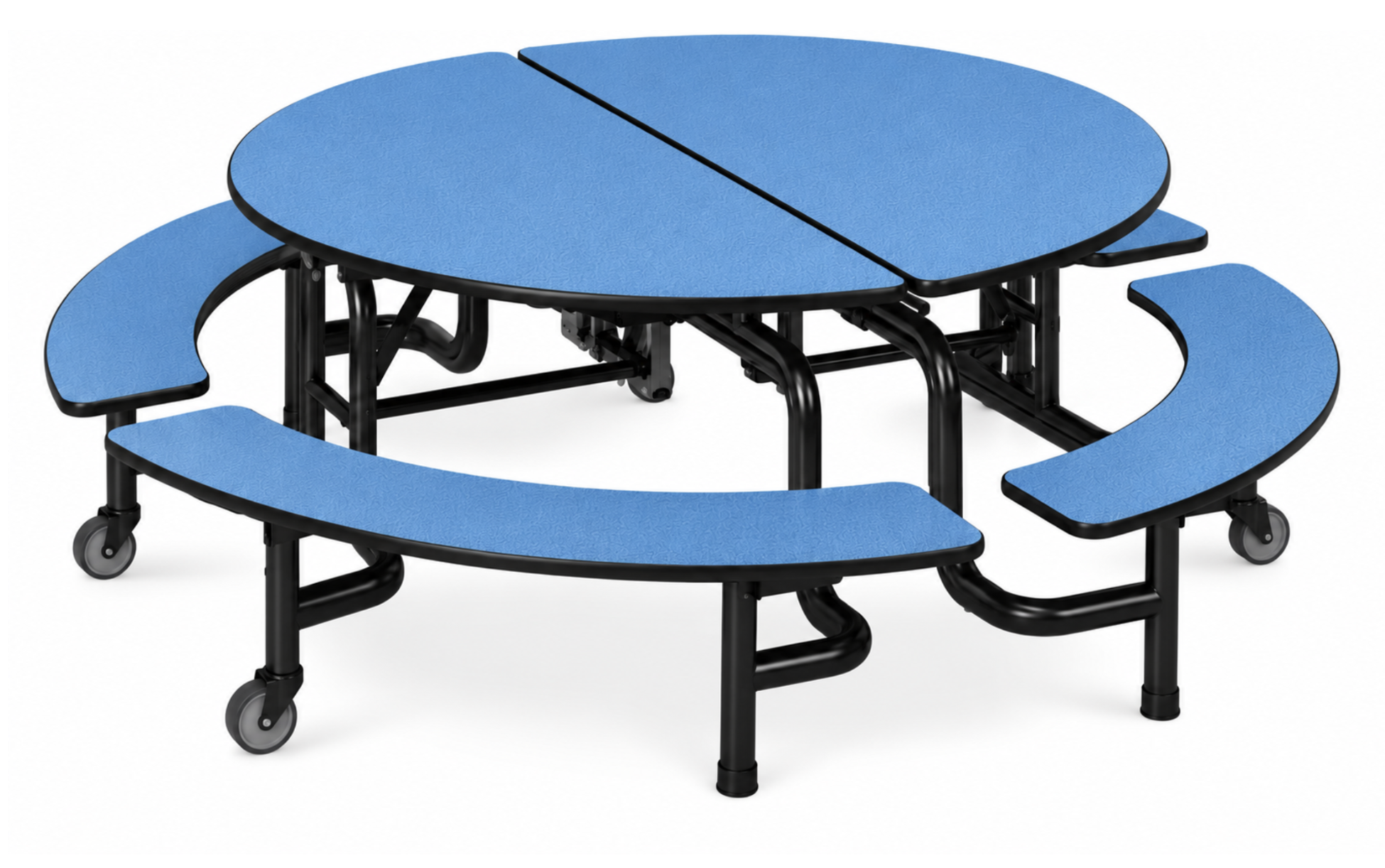 Round Folding Cafeteria Table — 59" with Curved Benches — Blue Laminate