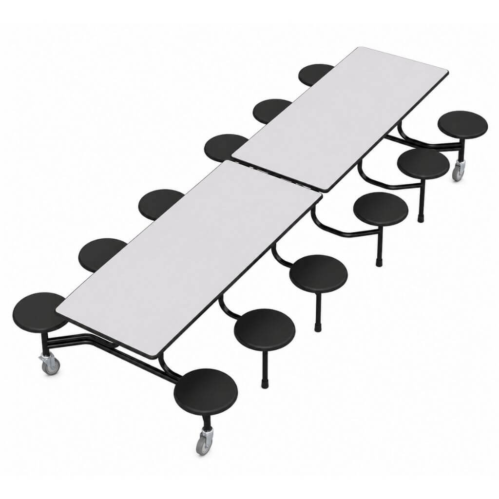 12-Seat Rolling Cafeteria Table with Attached Stools and Grey Wheels