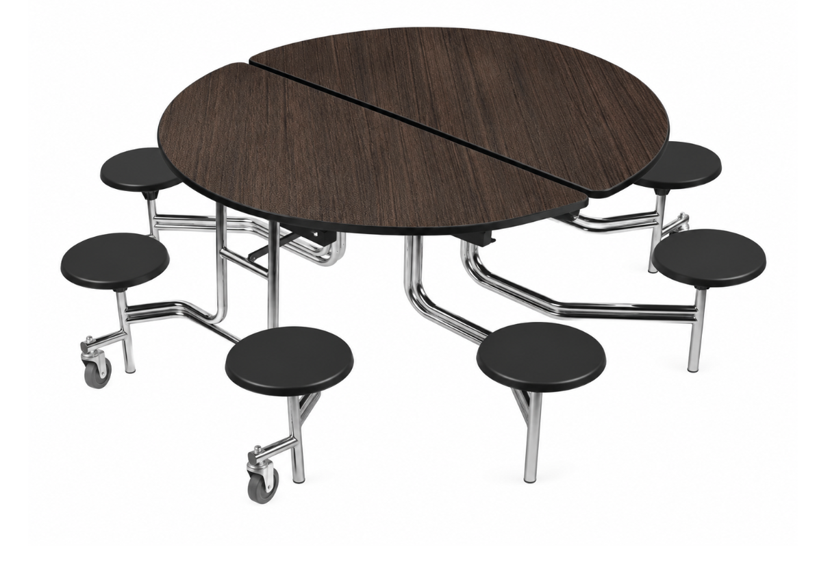 Round Cafeteria Table — 59" — 8 Stools — Dark Walnut Woodgrain