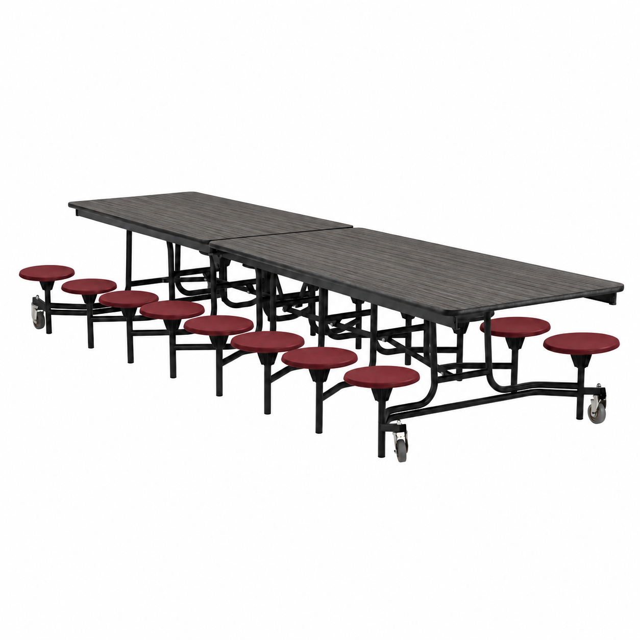 Mobile Cafeteria Table — 13 ft — 16 Stools — Graphite Woodgrain / Maroon