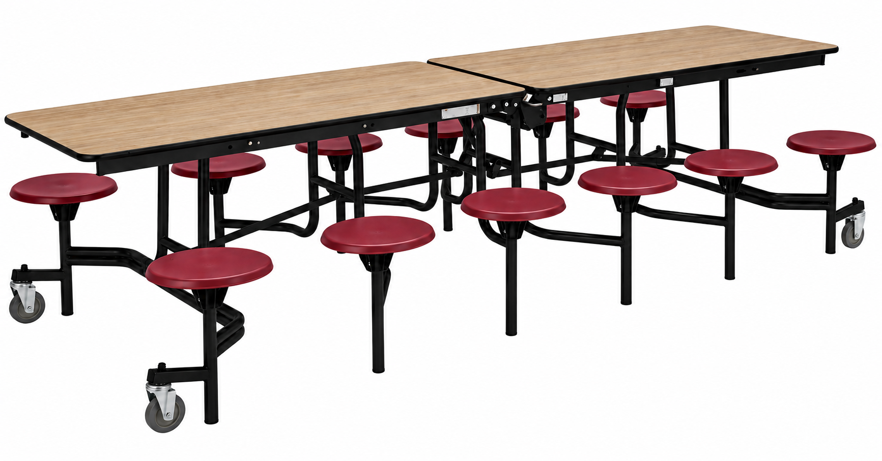 Mobile Cafeteria Table — 10 ft — 12 Stools — Light Beech / Maroon