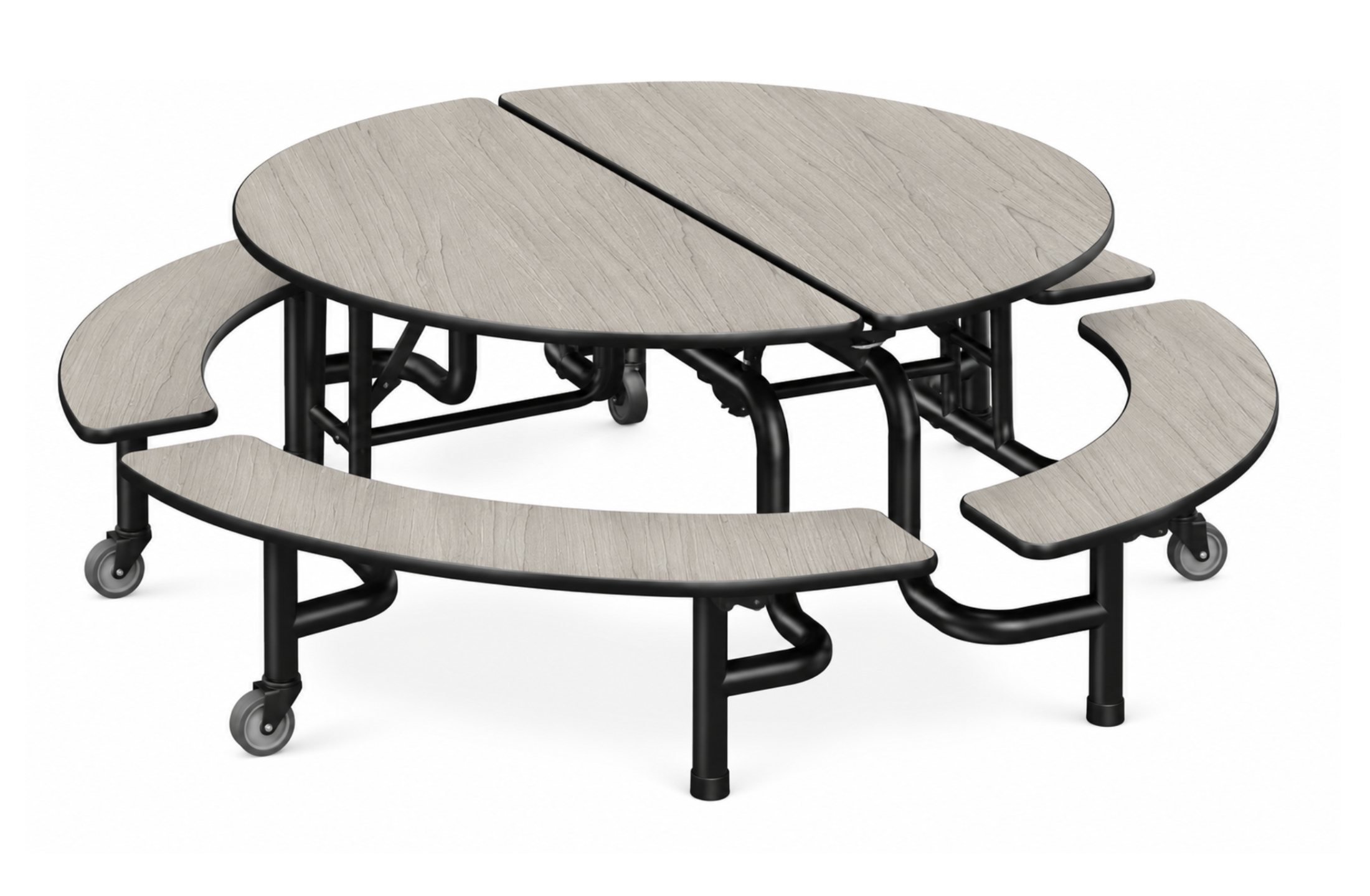 Round Folding Cafeteria Table — 59" with Curved Benches — Weathered Grey Woodgrain