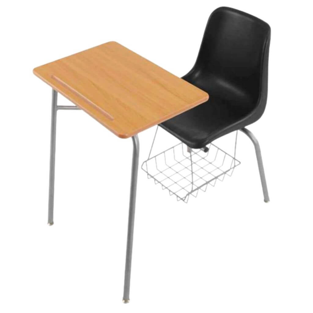 Black Shell Combo Desk with Natural Rectangular Top and Wire Book Basket
