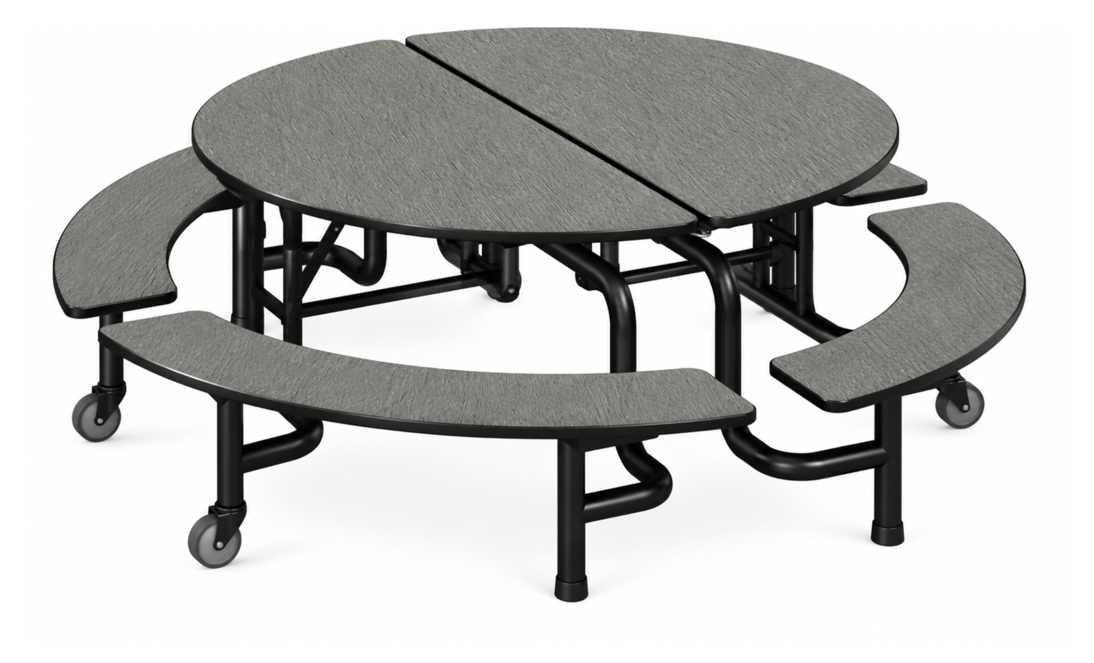 Round Folding Cafeteria Table — 59" with Curved Benches — Grey Woodgrain