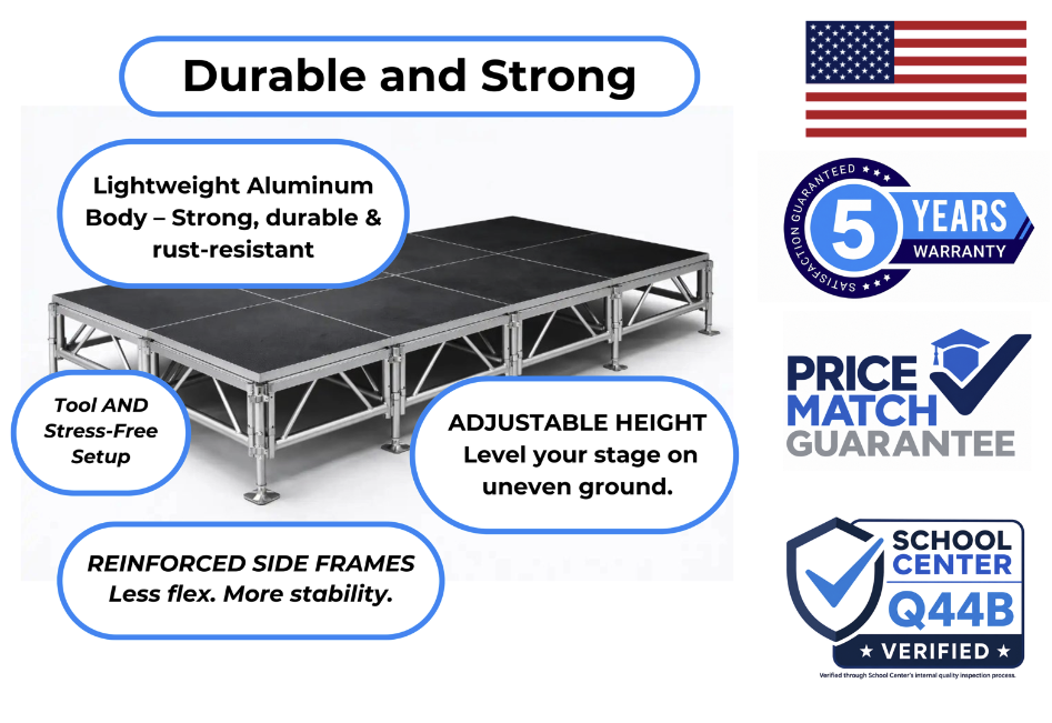Durable modular stage — reinforced side frames and adjustable height