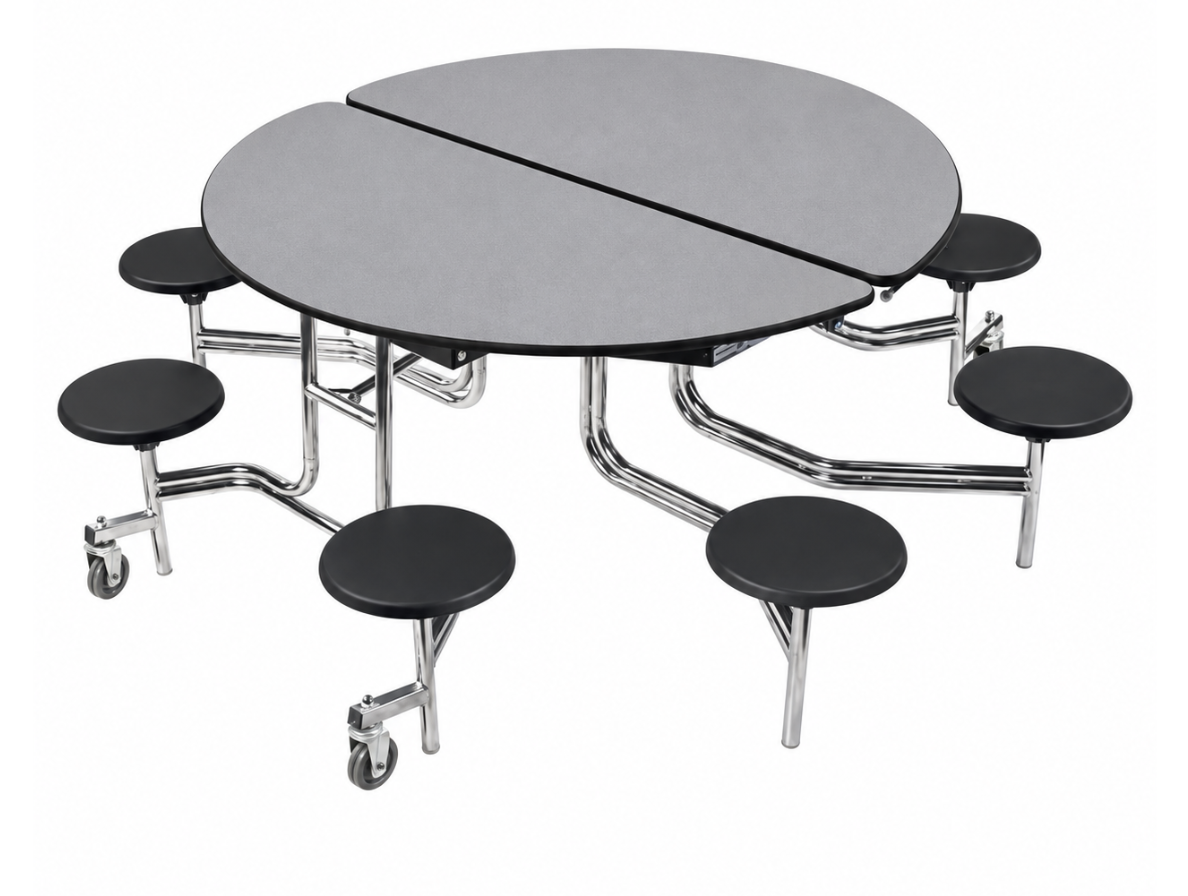 Round Cafeteria Table — 59" — 8 Stools — Grey Laminate