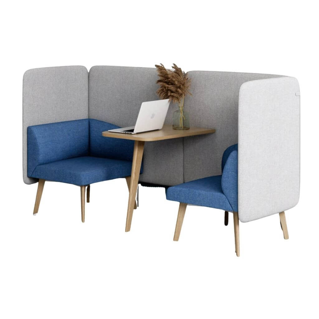 Blue Two-Seat Study Booth with Table and Gray Privacy Panels