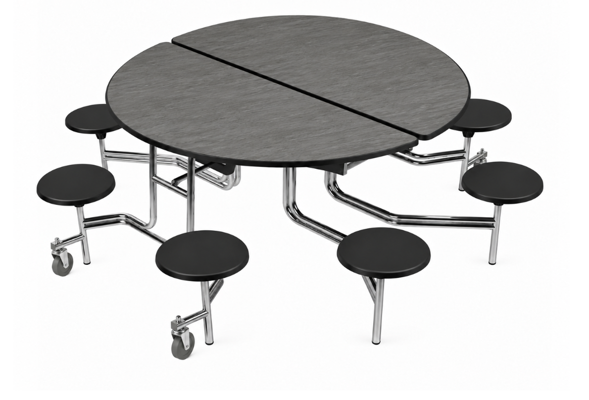 Round Cafeteria Table — 59" — 8 Stools — Grey Woodgrain