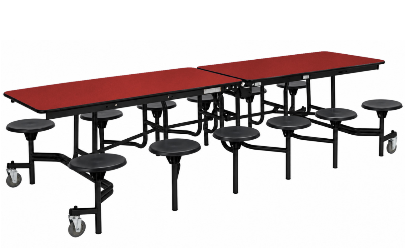 Mobile Cafeteria Table — 10 ft — 12 Stools — Bright Red / Black