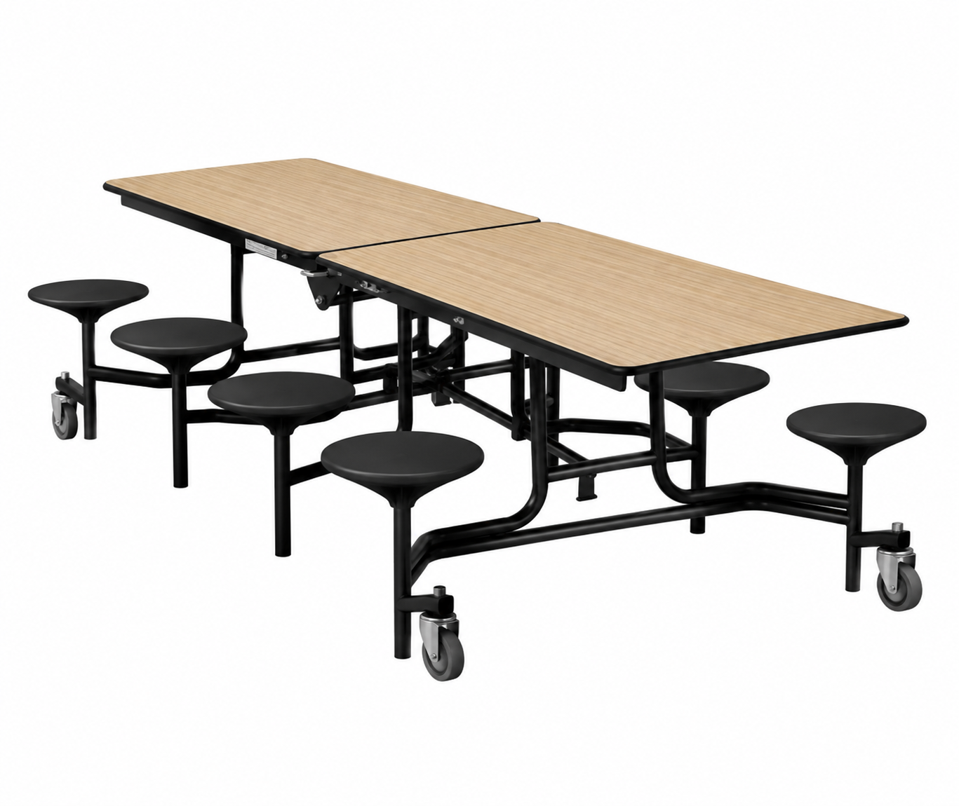 Mobile Cafeteria Table — 8 ft — 8 Stools — Light Oak Woodgrain / Black