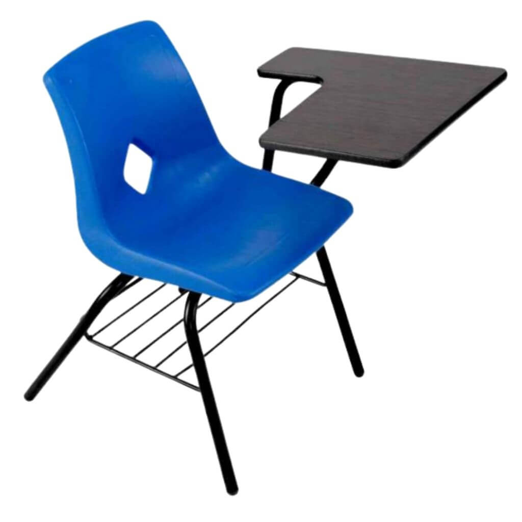Blue Diamond Cutout Combo Desk with Black Tablet Arm and Wire Book Rack
