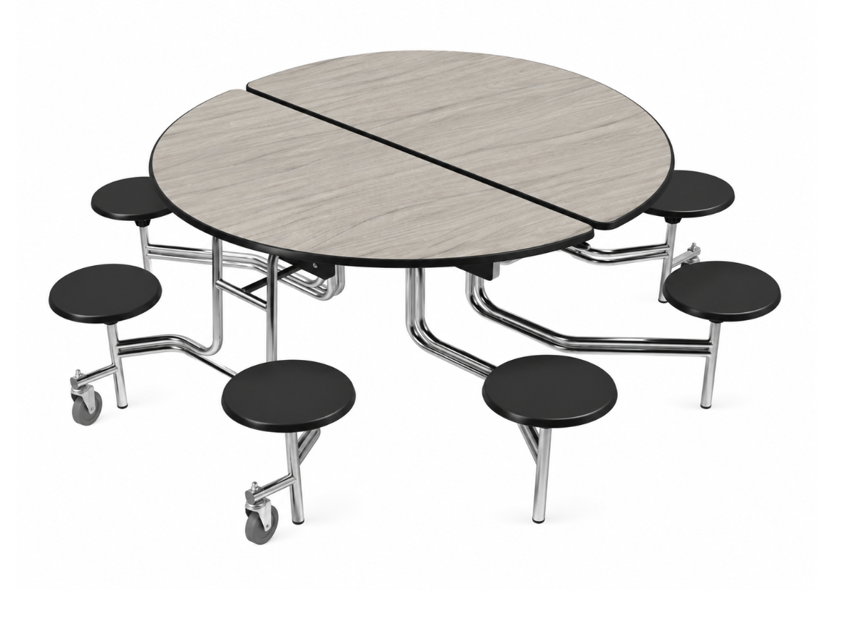 Round Cafeteria Table — 59" — 8 Stools — Weathered Grey Woodgrain