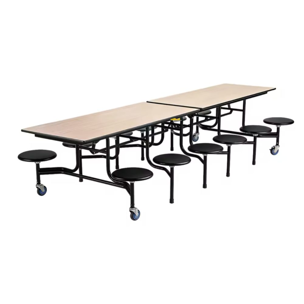 Cafeteria Folding Table with Attached Round Stools on Wheels