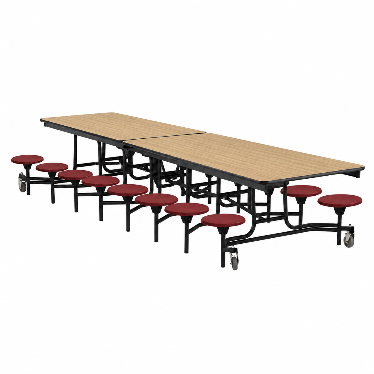 Mobile Cafeteria Table — 13 ft — 16 Stools — Classic Oak / Maroon