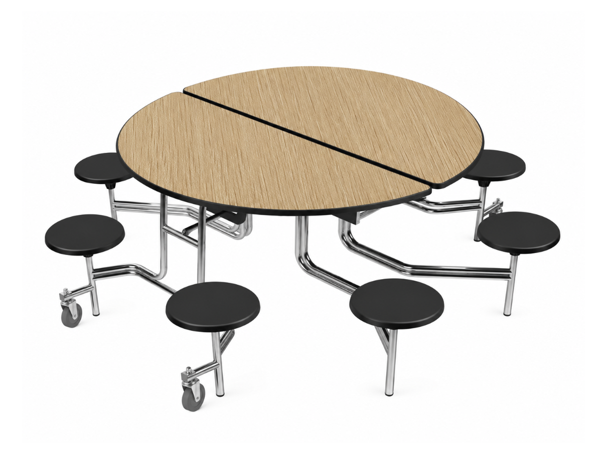 Round Cafeteria Table — 59" — 8 Stools — Light Oak Woodgrain