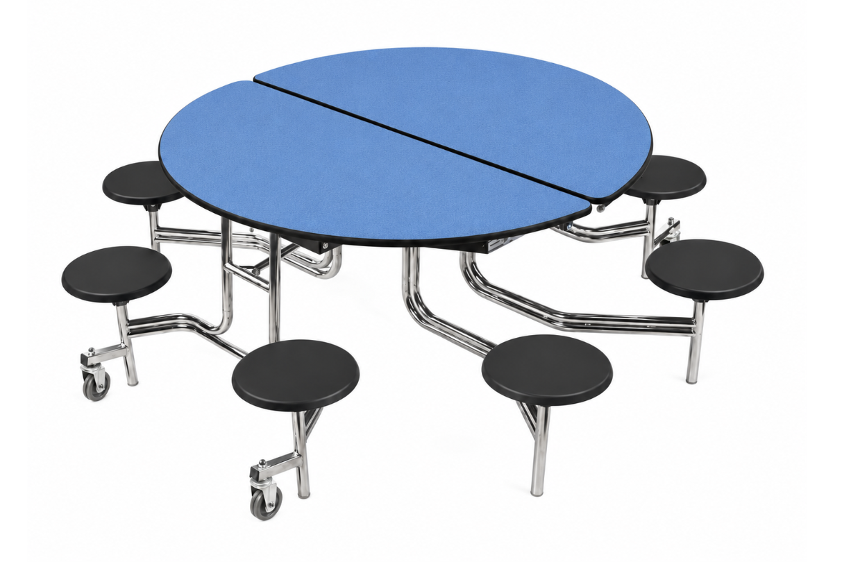 Round Cafeteria Table — 59" — 8 Stools — Blue Laminate