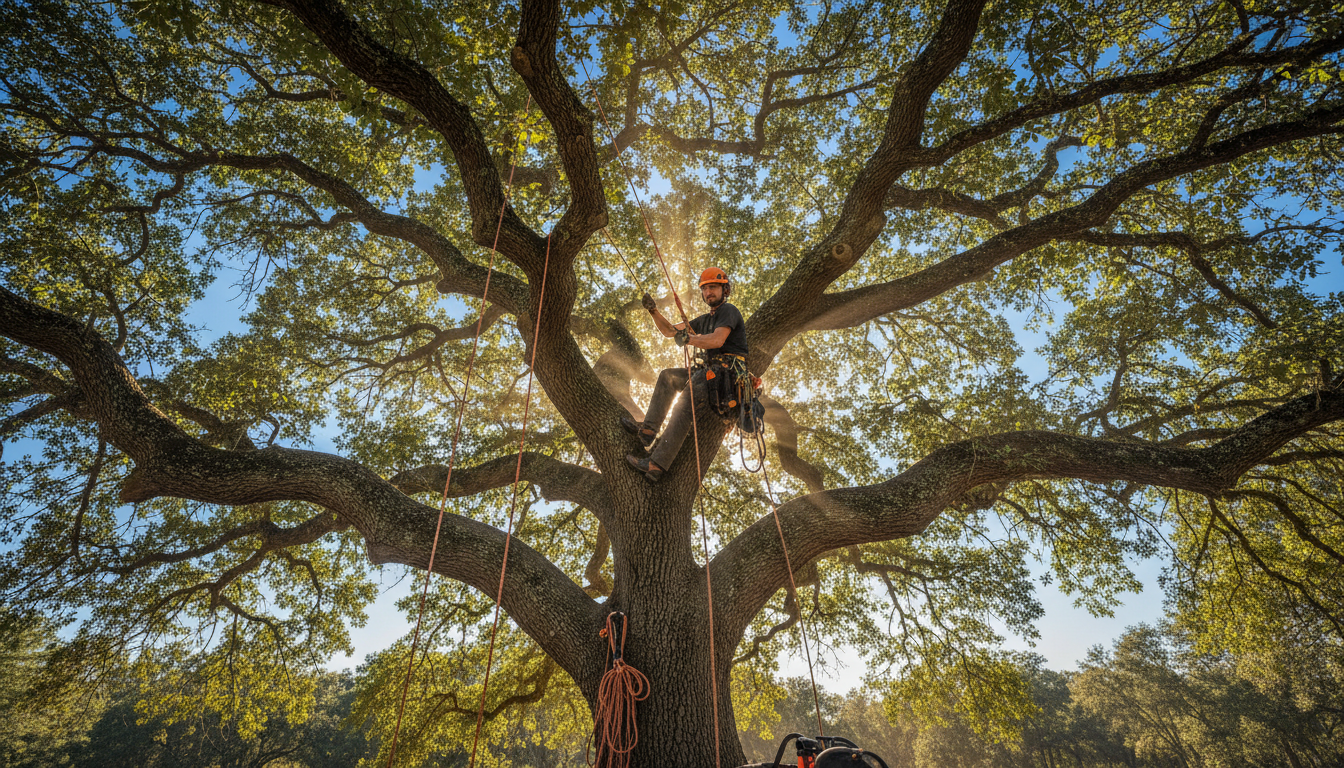 Professional arborist working on a large tree