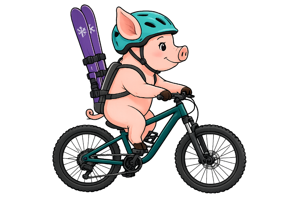 Nyoki the pig on a bike
