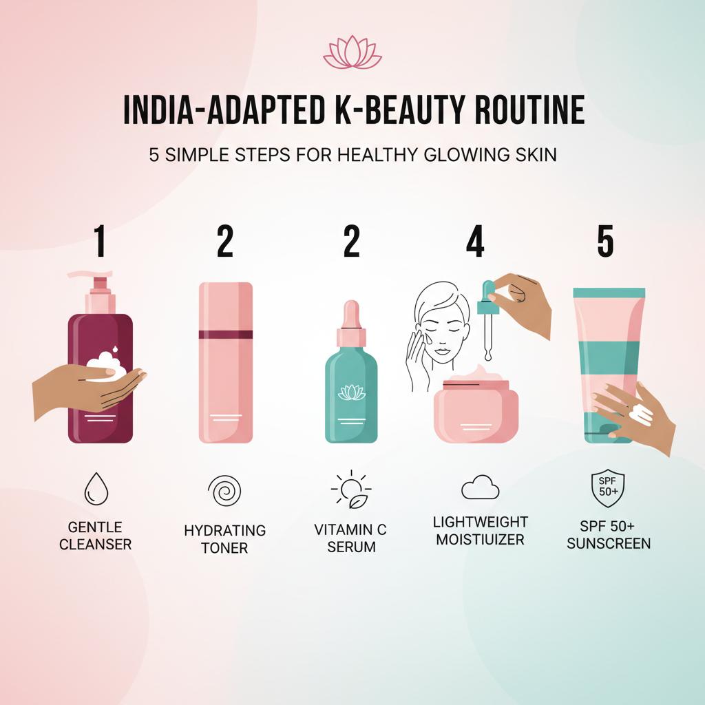 Infographic: India-adapted K-Beauty 5-step routine — cleanser toner serum moisturizer SPF