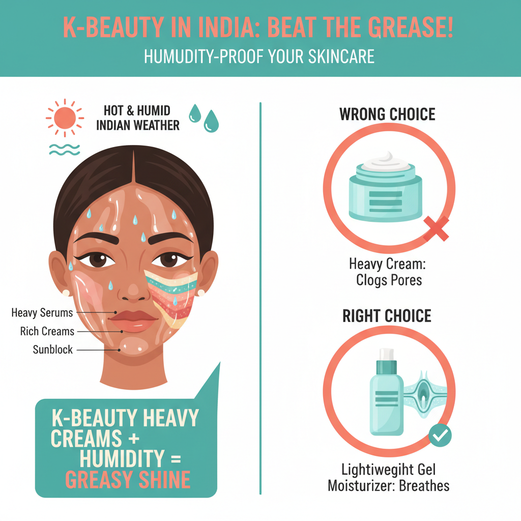 Infographic: K-Beauty greasy skin Indian humidity — heavy cream vs lightweight gel moisturizer