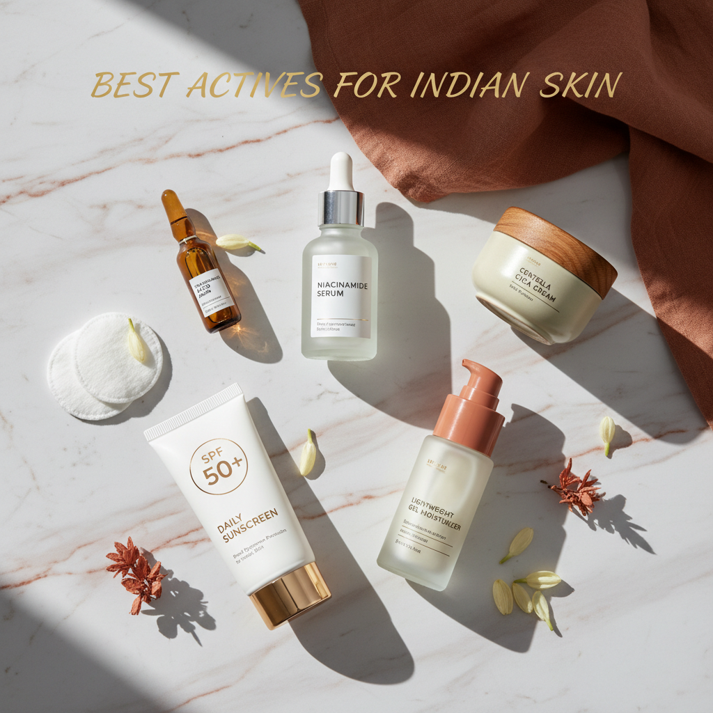 Best skincare ingredients for Indian skin — niacinamide, SPF, tranexamic acid product flatlay