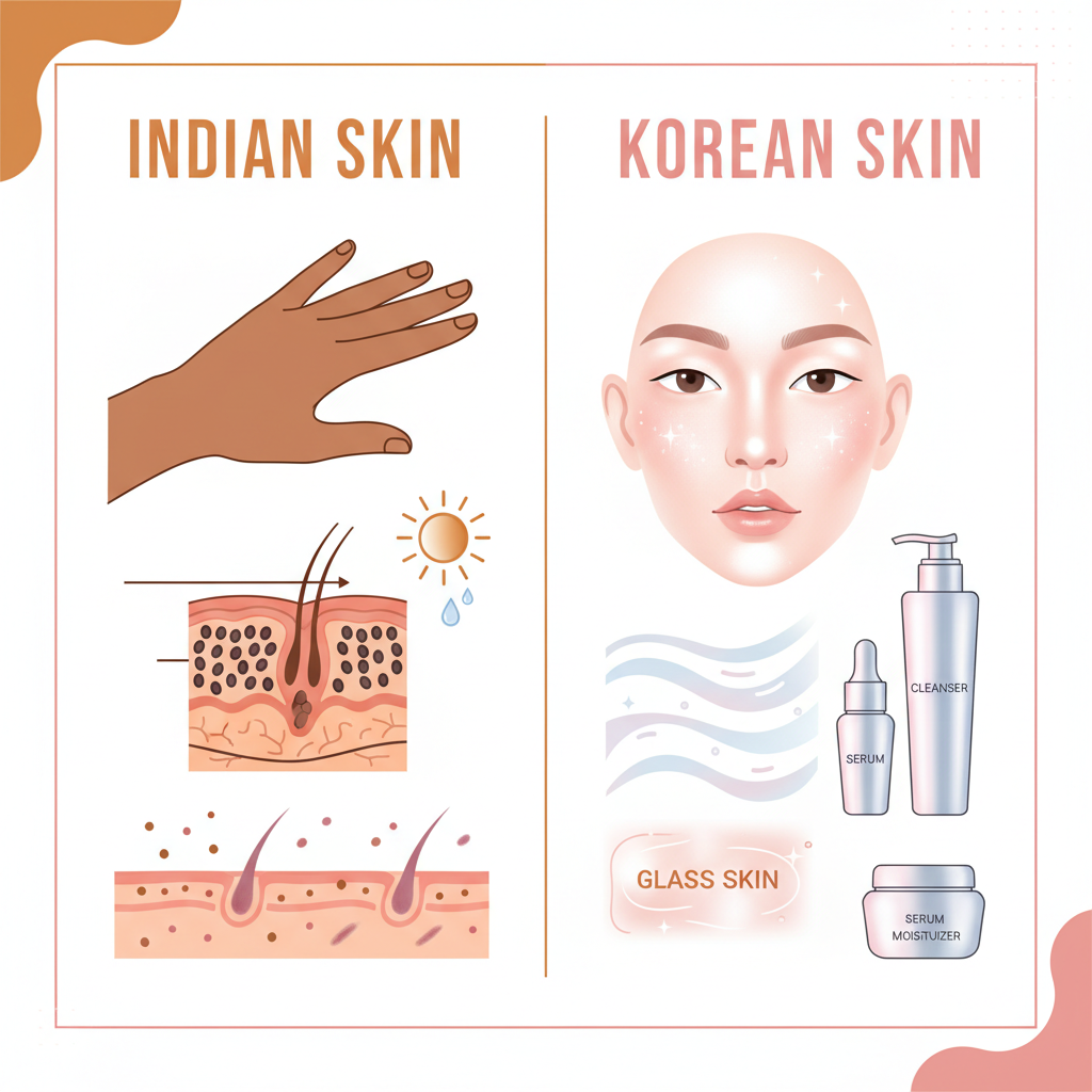 Indian vs Korean Skin Comparison — melanin, pigmentation, skin tone infographic