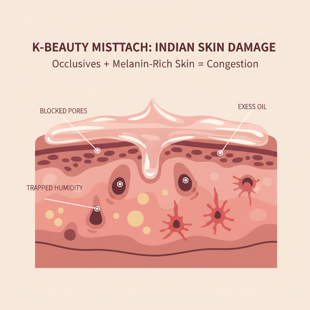 Infographic: skin damage from wrong K-Beauty — clogged pores, trapped humidity, acne on melanin-rich Indian skin
