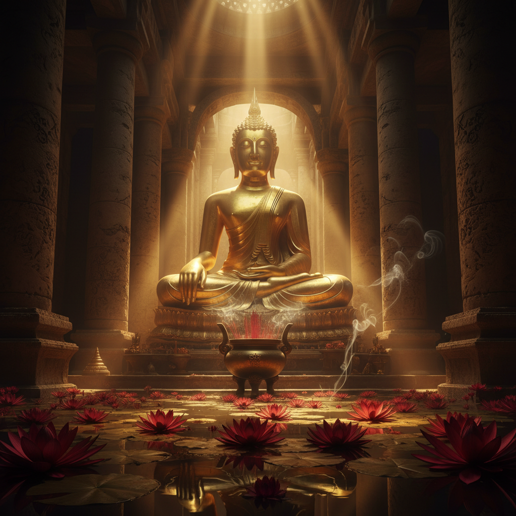 Majestic golden Buddha statue with volumetric god rays in ancient temple