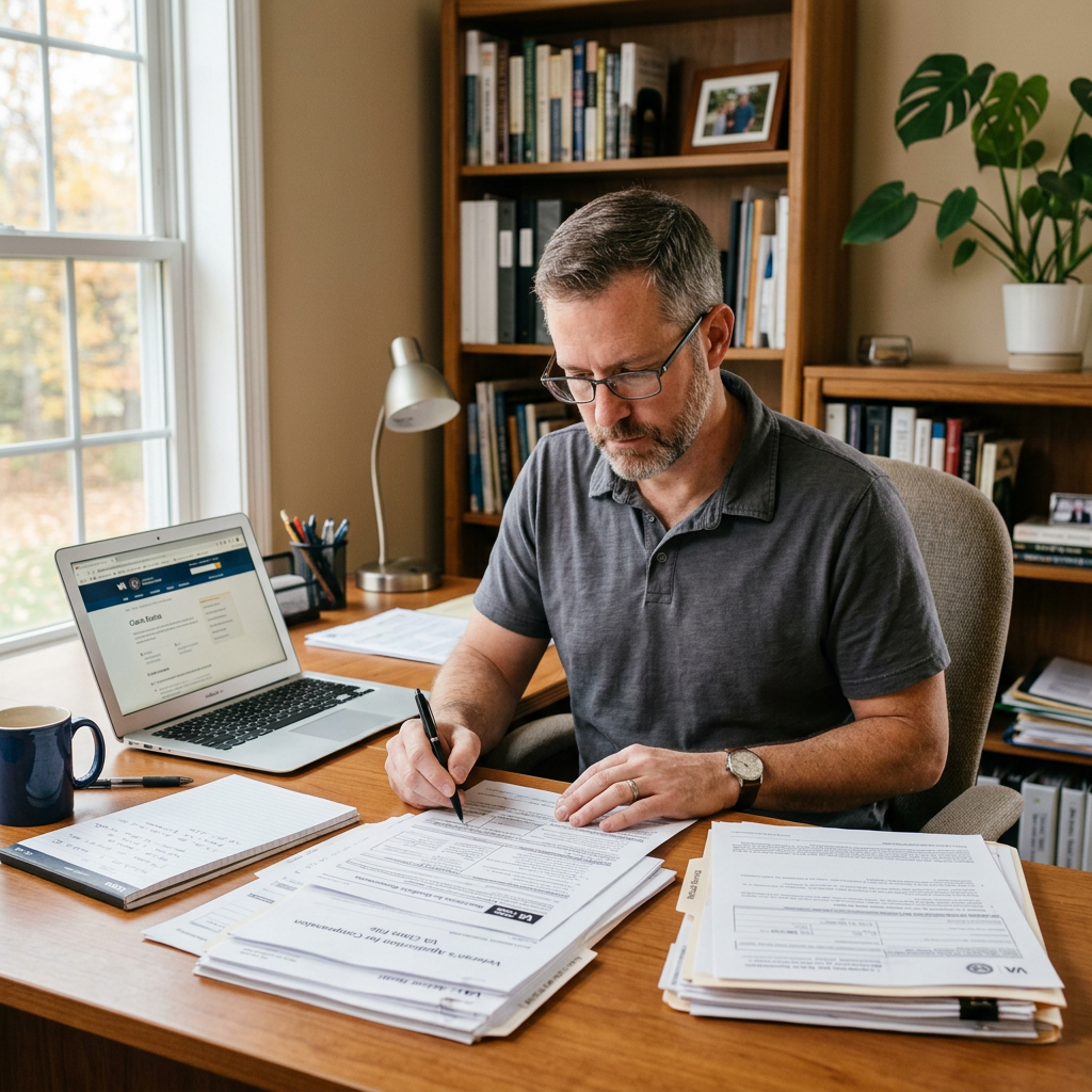 Veteran reviewing VA claim paperwork at desk with laptop