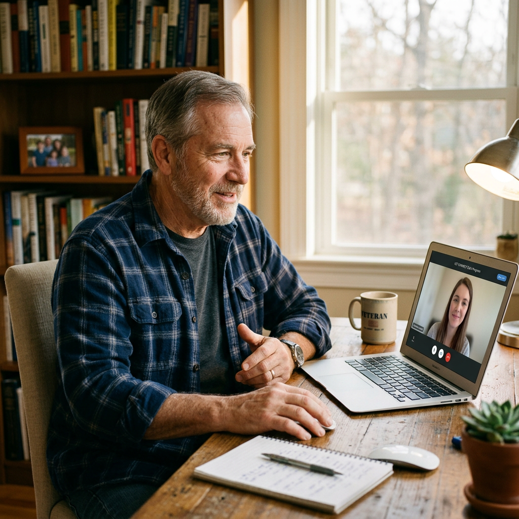 Veteran on a video call for a claim roadmap support session
