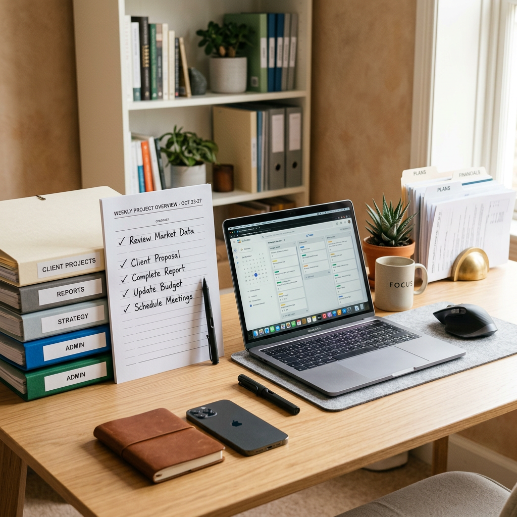 Organized desk with folders, checklists, and paperwork representing expert support
