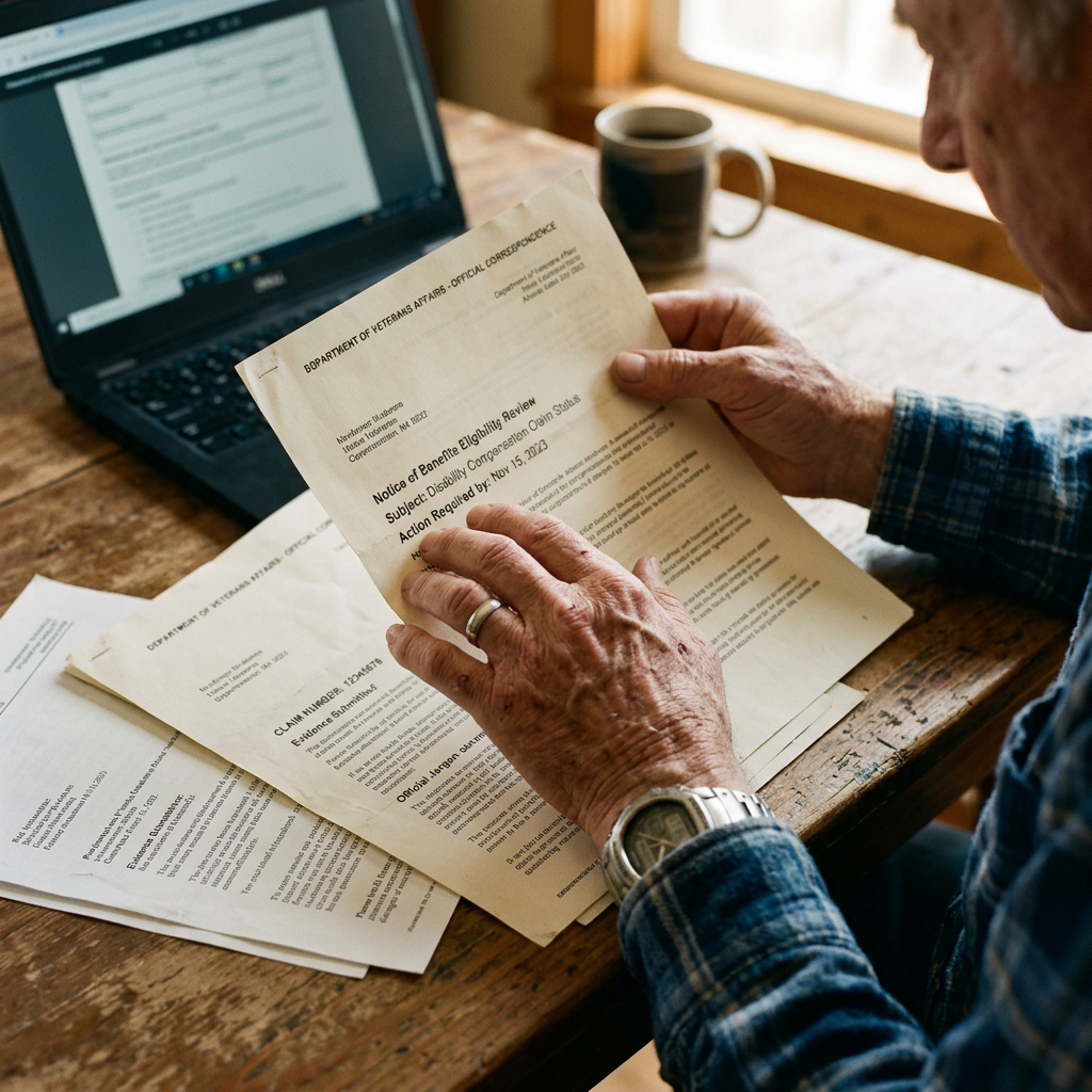Close-up of hands reviewing VA claim documents and paperwork