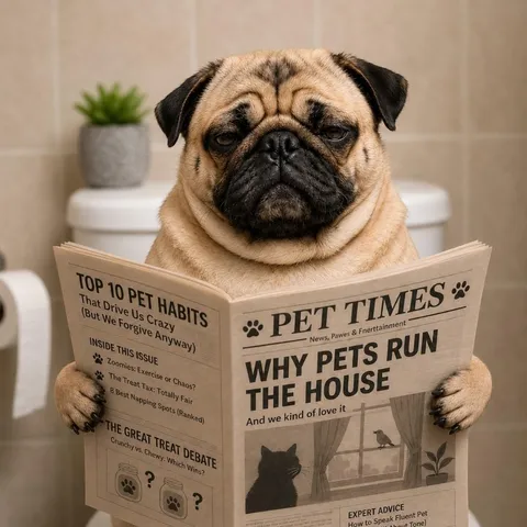 Custom dog bathroom art of a pug reading a tabloid newspaper on the toilet