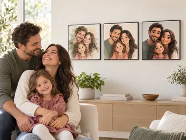 Family portraits displayed in three frames on a living room wall