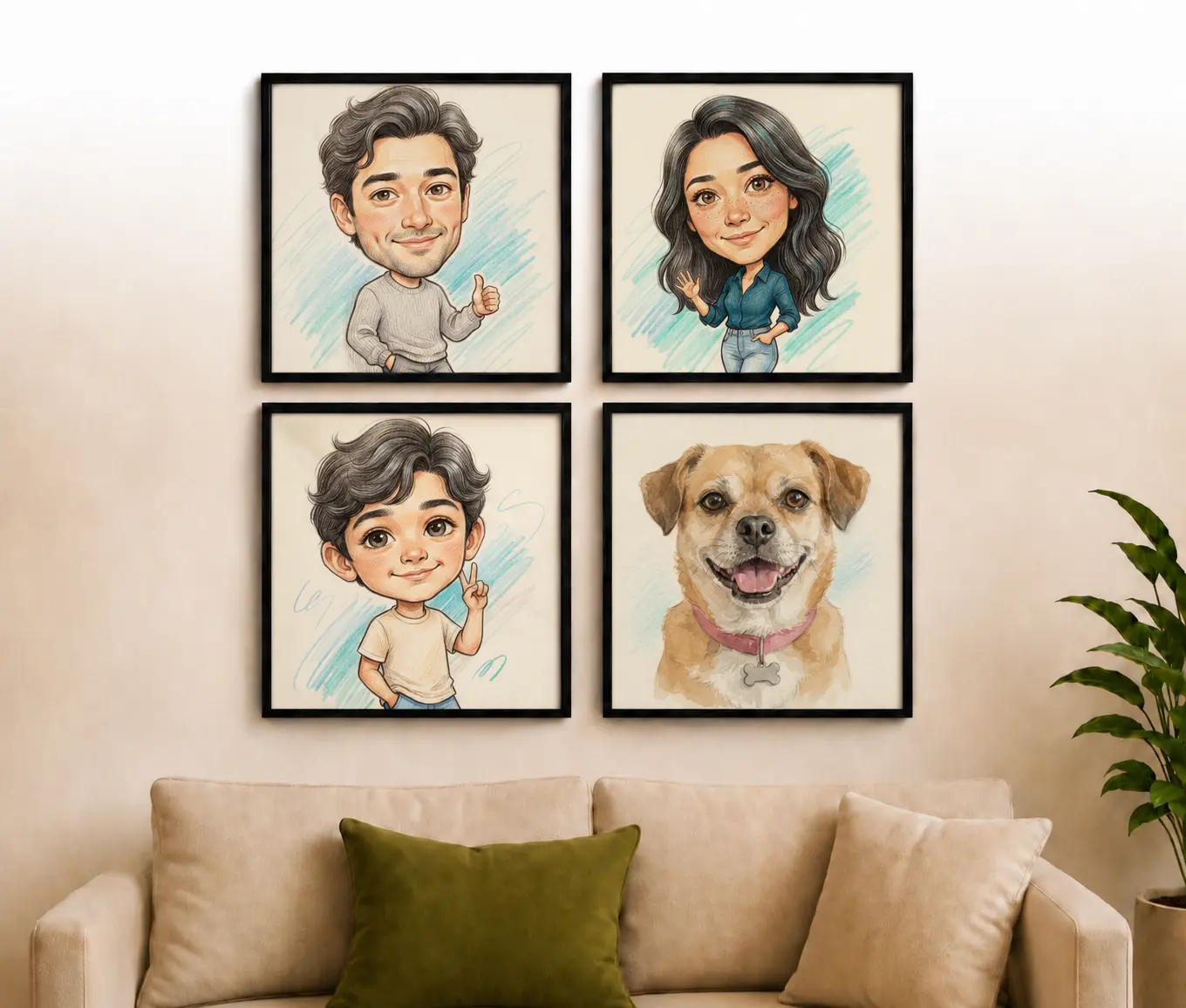 Pet portrait tiles displayed on wall