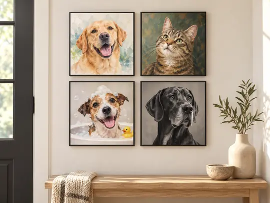 Gallery wall of framed photo tiles