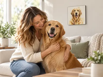 Woman hugging a Golden Retriever beside a framed pet portrait