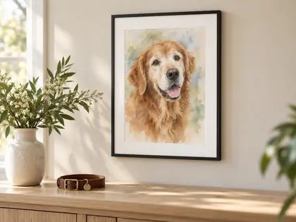 Framed watercolor pet portrait with collar keepsake on console table